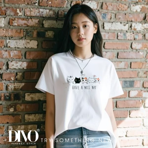 Áo thun cotton nữ in hình 6 chú mèo