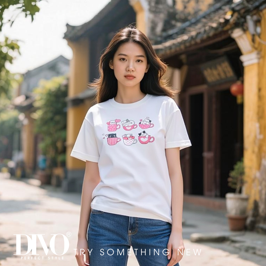 Áo thun nữ in hình 6 chú mèo